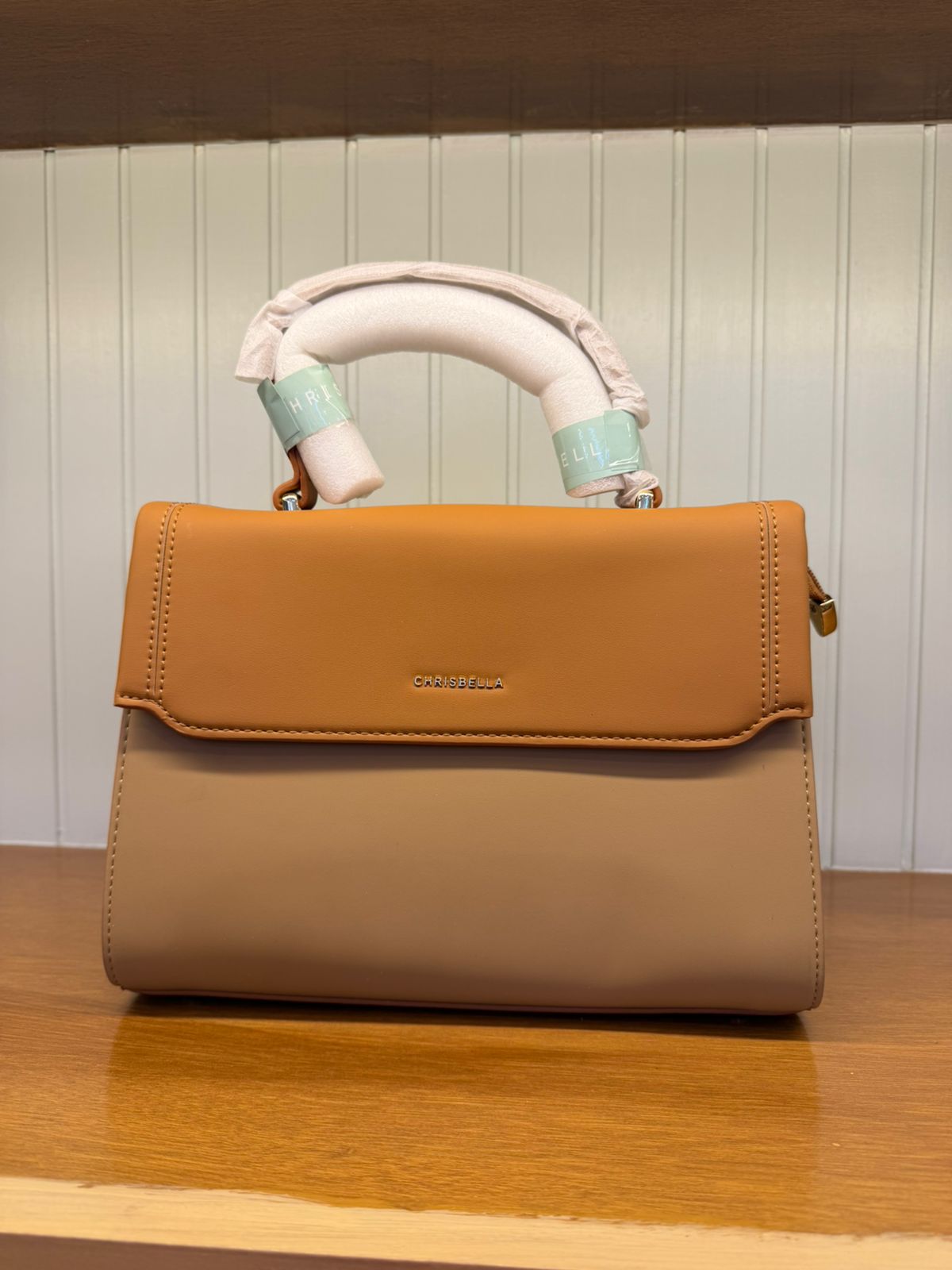 Women’s Two-Tone Structured Handbag with Long Strap & Mini Pouch