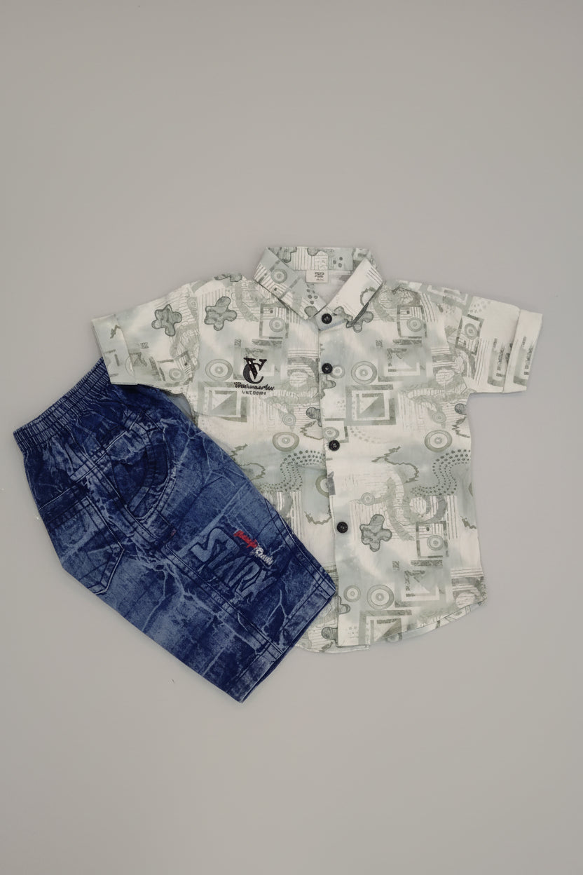Boys Printed Shirt & Denim Shorts Set – Casual Summer Outfit 408