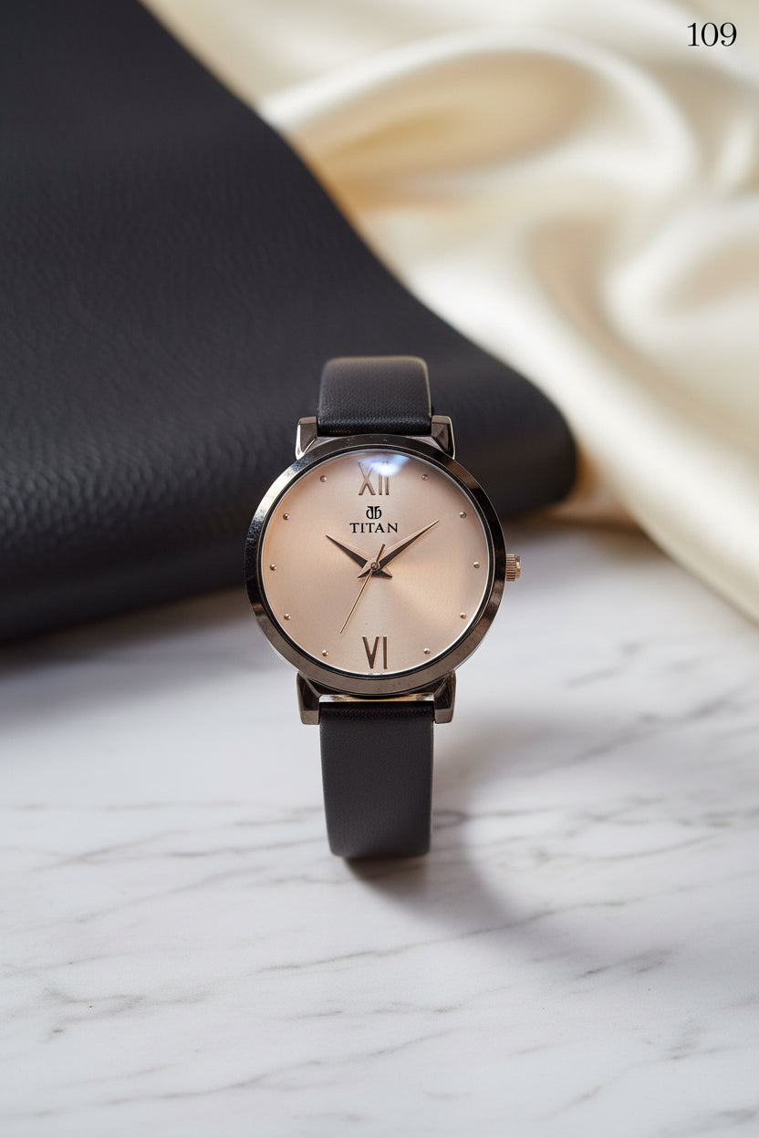 LW 109 Titan Elegant Ladies Black Leather Strap Watch