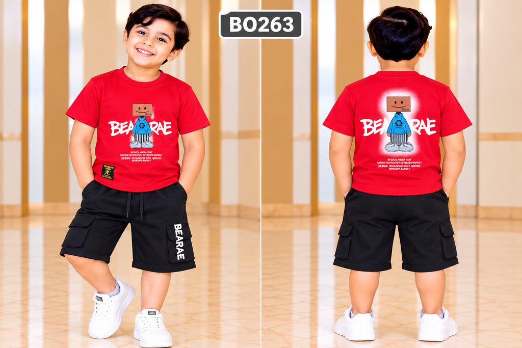 Boys Bearare Graphic T-Shirt & Black Cargo Shorts Set – BO263