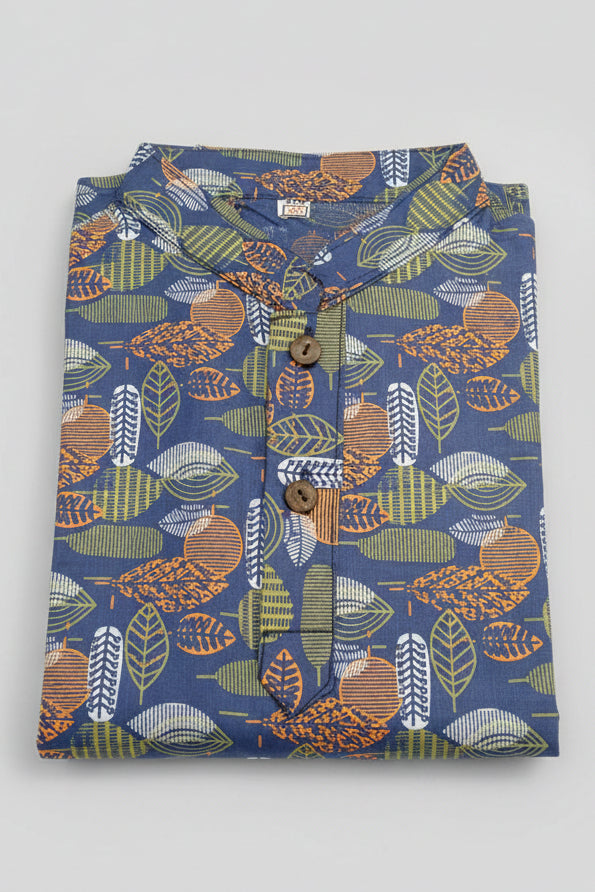Boys Blue Printed Short Sleeve Mandarin Collar Shirt 2711