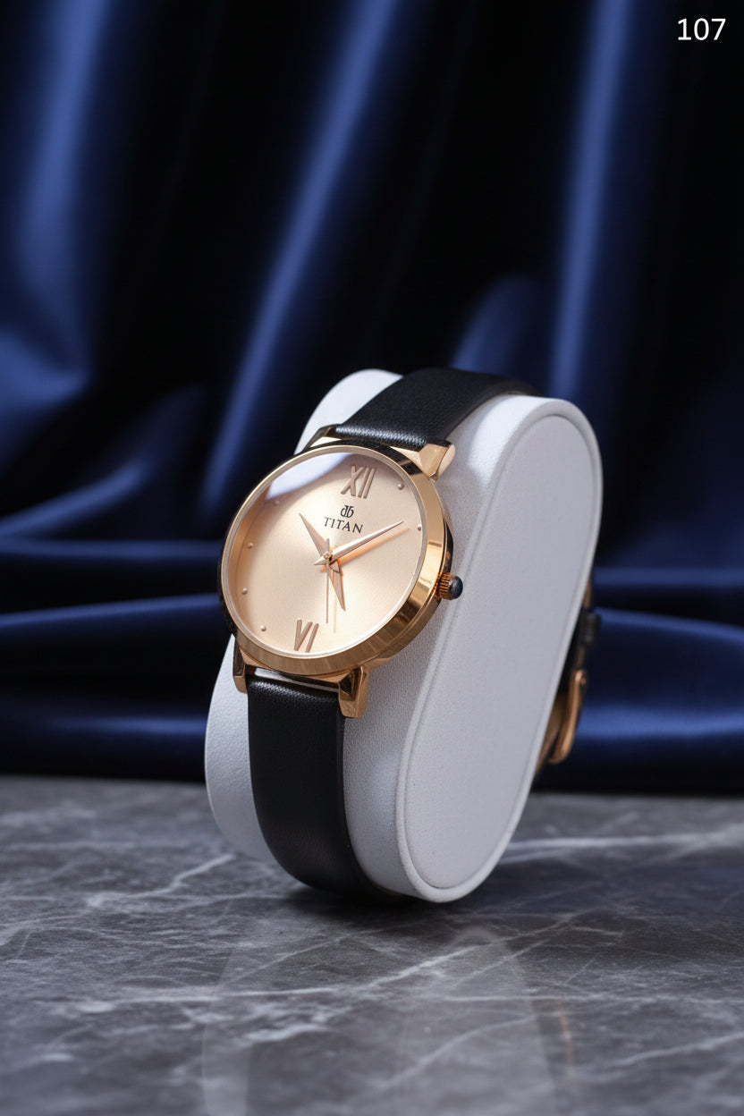 LW 107 Titan Elegant Ladies Black Leather Strap Watch