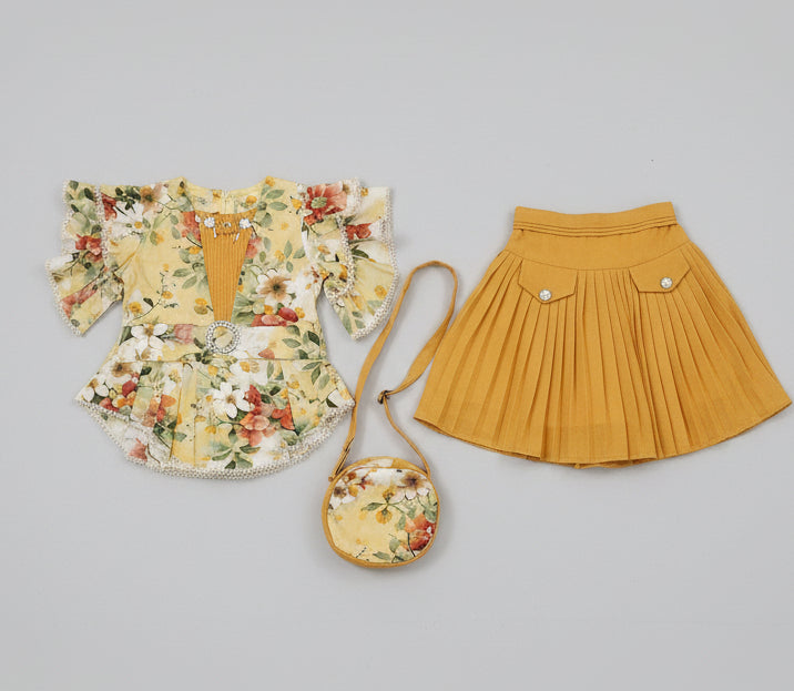 Baby Girls Floral Top & Pleated Skirt Set with Mini Bag (3-Piece Set) 150