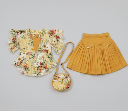 Baby Girls Floral Top & Pleated Skirt Set with Mini Bag (3-Piece Set) 150