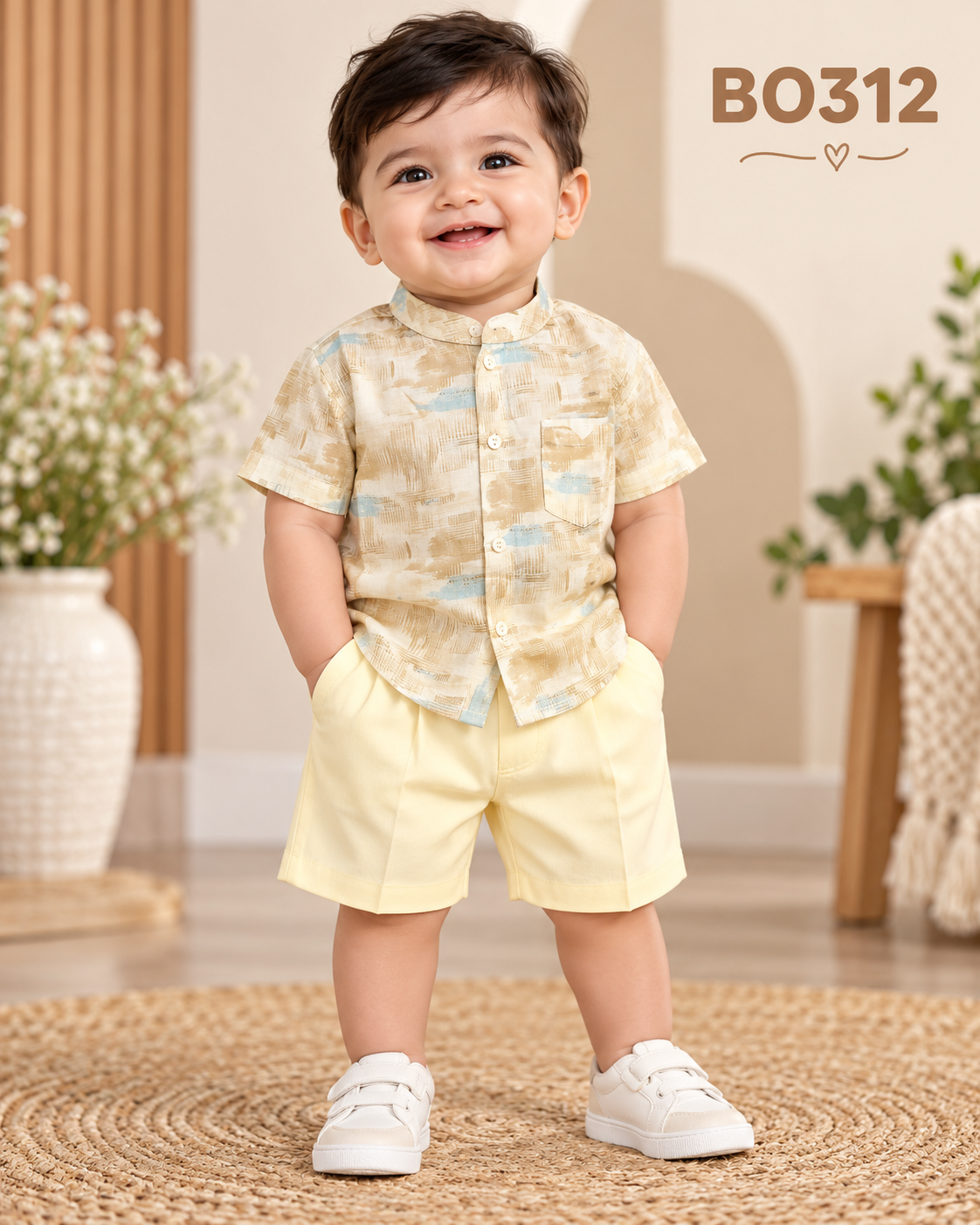 Boys Abstract Print Mandarin Collar Shirt & Shorts Set-BO312