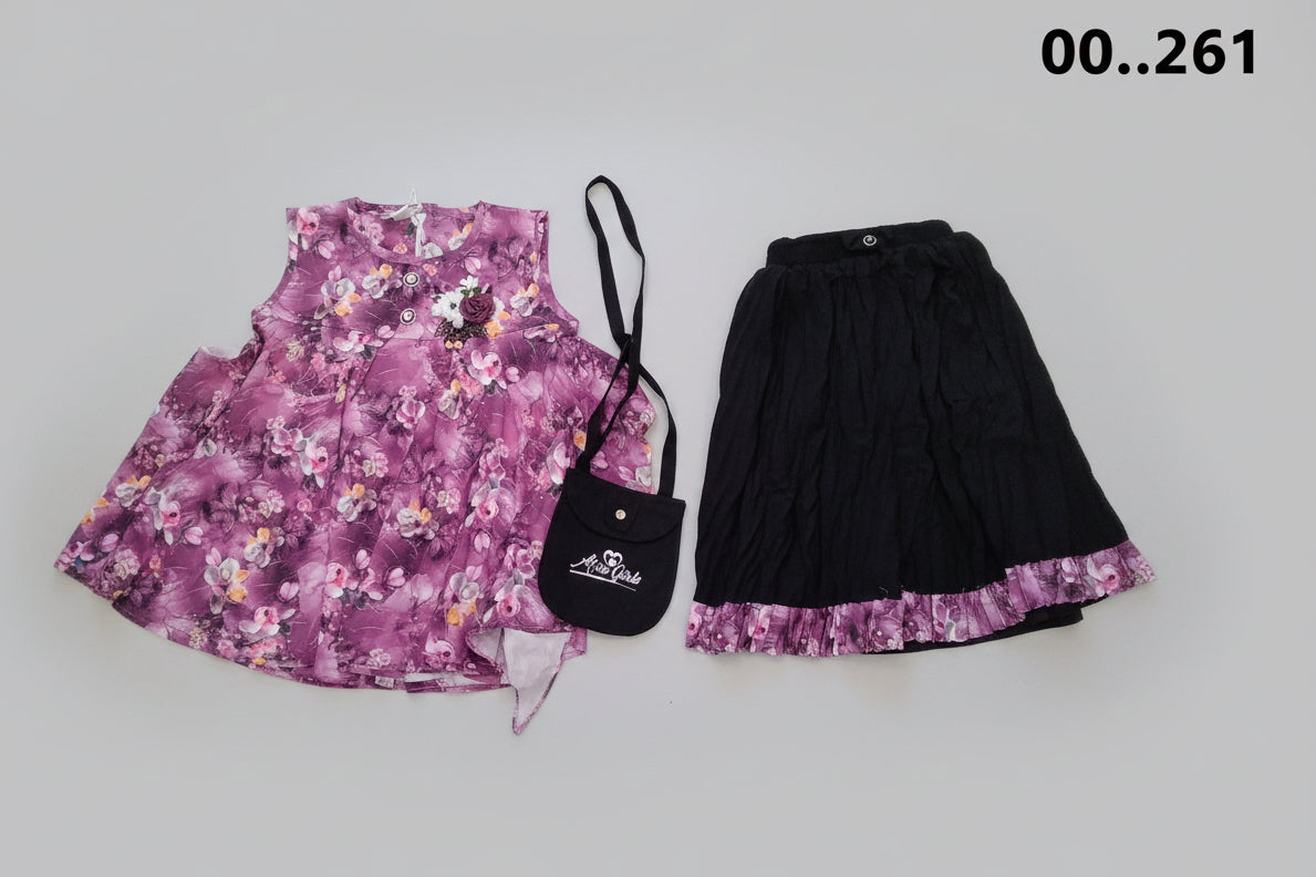 Girls Floral Cold-Shoulder Top & Black Pants Set 261