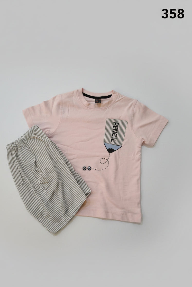 Kids Premium Pencil Print T-Shirt & Striped Shorts Set358.