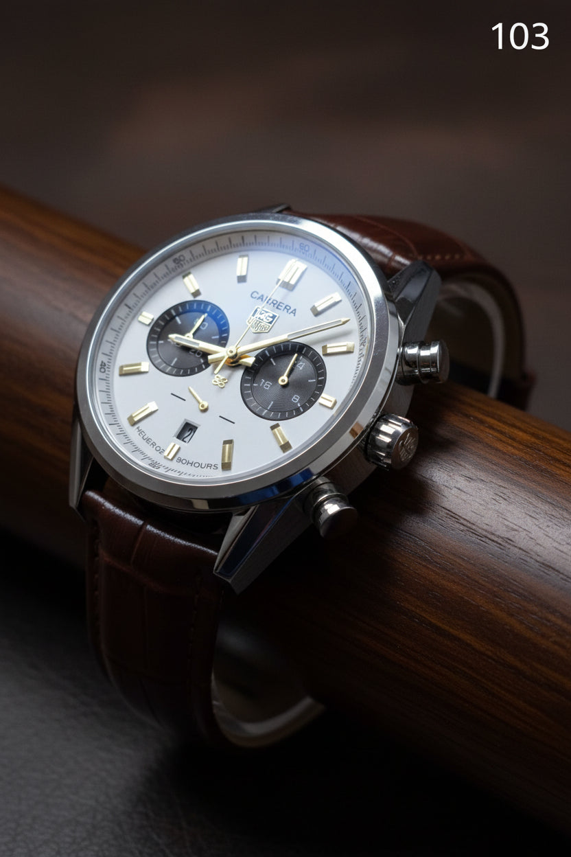 CS 103 Luxury Chronograph Black Dial Leather Strap Watch