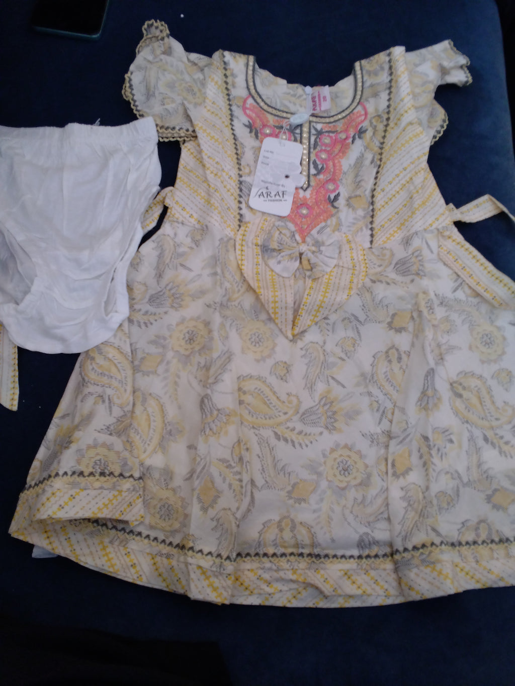 Girls’ Ethnic Printed Dress Set with Inner Shorts & Bow – 3 Piece Set.191.