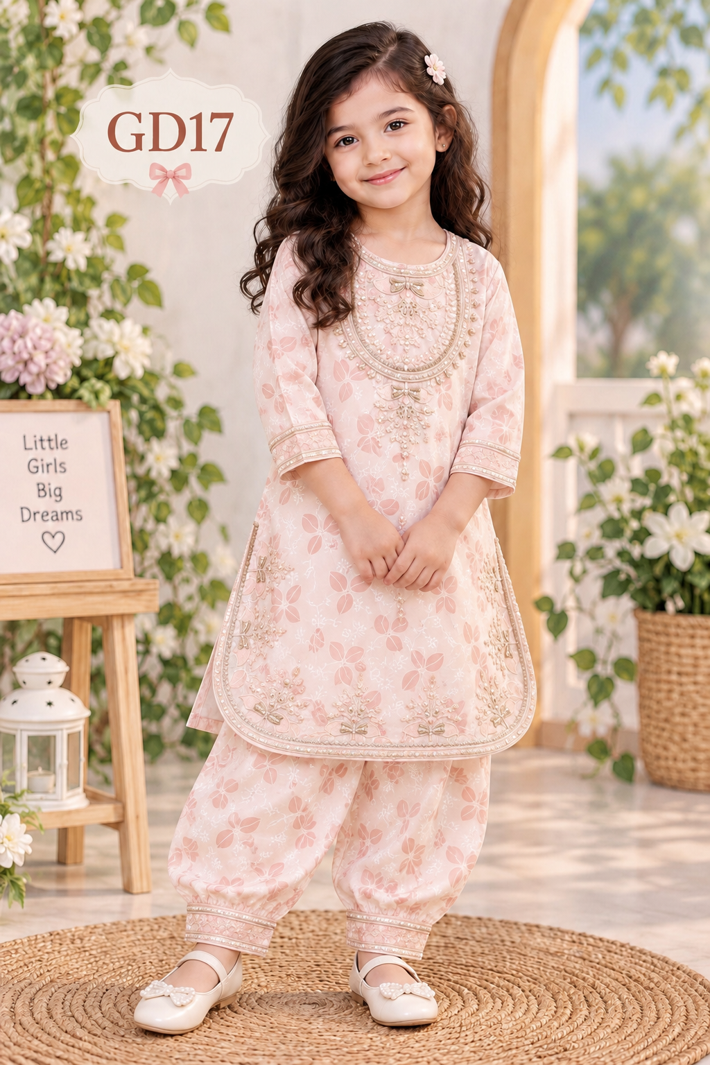 Girls’ Premium Floral Embroidered Tunic & Pant Set – GD17