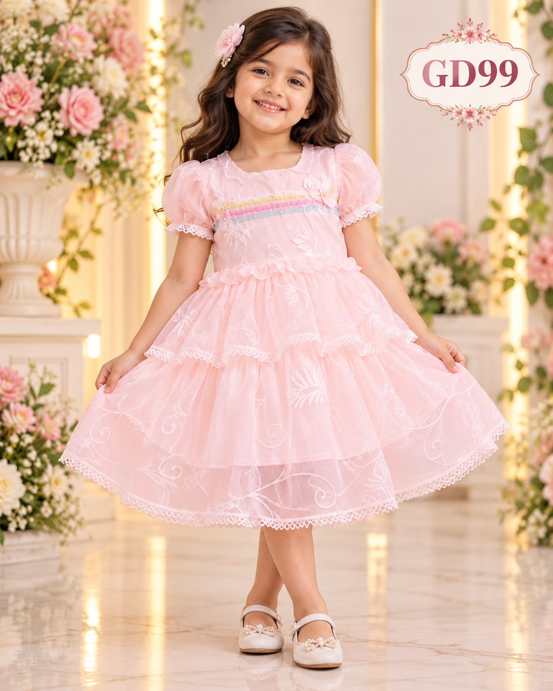 Premium Girls Embroidered Layered Party Dress – GD99
