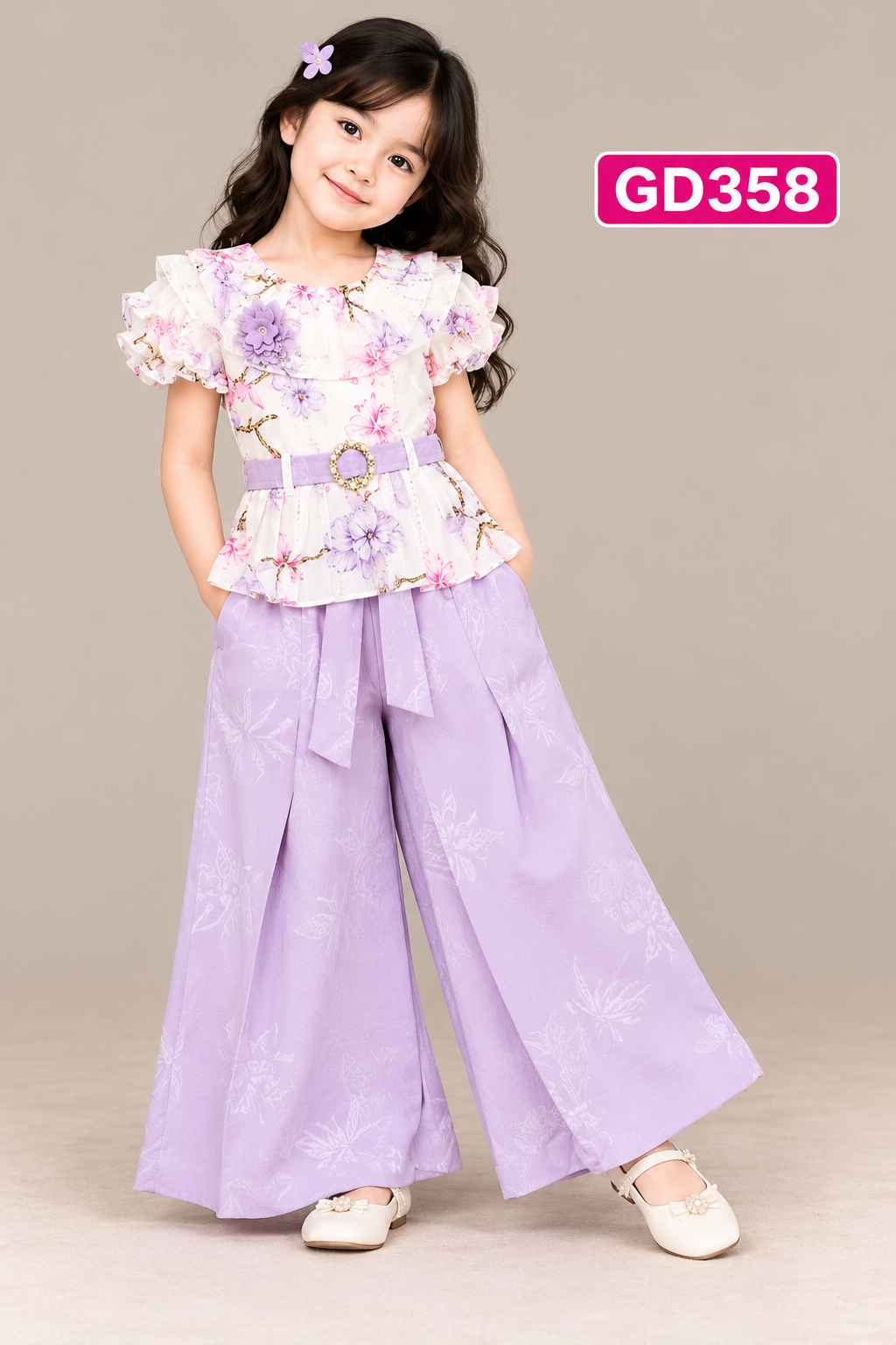 Girls Premium Floral Ruffle Top & Wide-Leg Palazzo Set – GD358