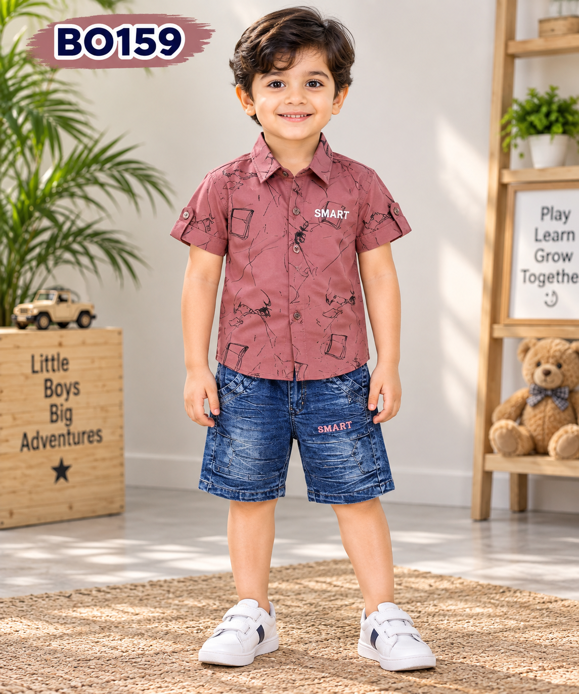 Smart Explorer Printed Shirt & Denim Shorts Set BO159