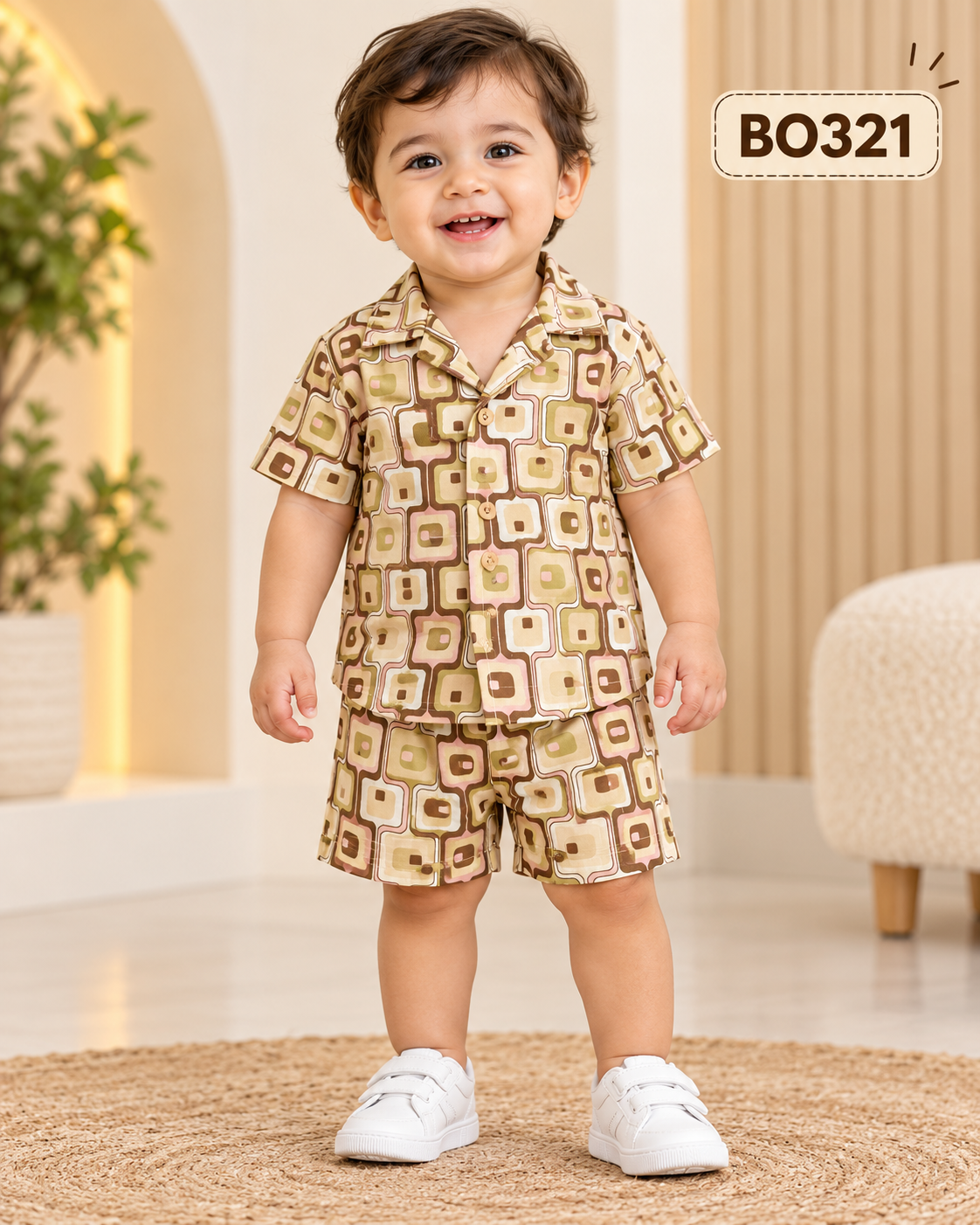 Premium Boys' Retro Geometric Print Cuban Collar Shirt & Shorts Set-BO321