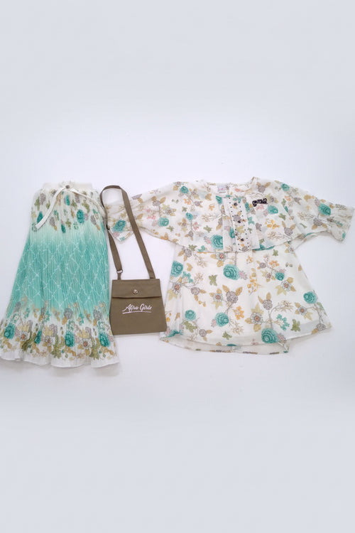 Baby Girls Floral Top & Pleated Skirt Set with Sling Bag 152