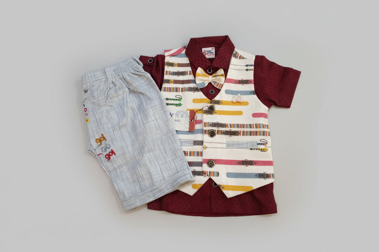 Boys Printed Waistcoat Shirt & Shorts Set with Bow Tie 236