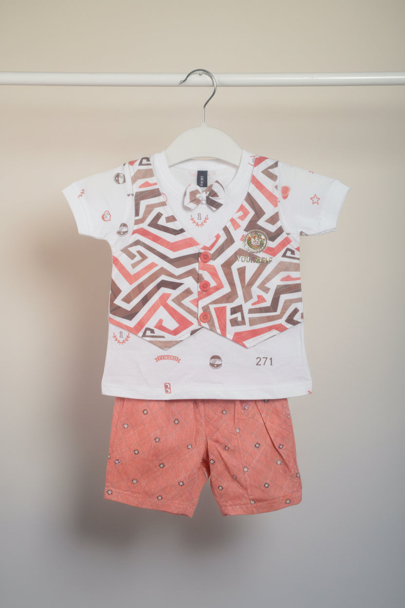 Baby Boys Printed Waistcoat Style T-Shirt & Shorts Set with Bow Tie 271
