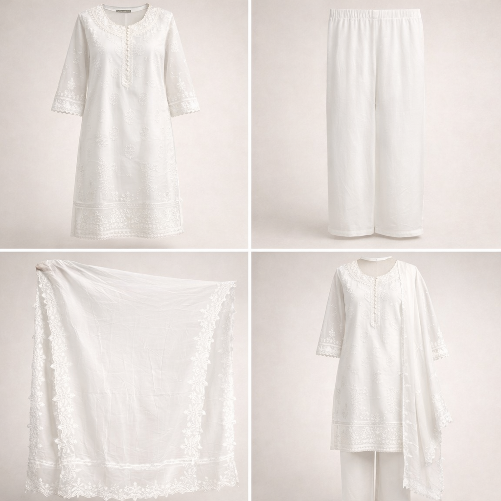 Moslin Soft Cotton Fabric Embroidered Three piece set -C136