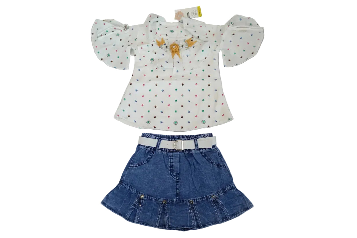 Baby Girls Polka Dot Top & Denim Skirt Set 149