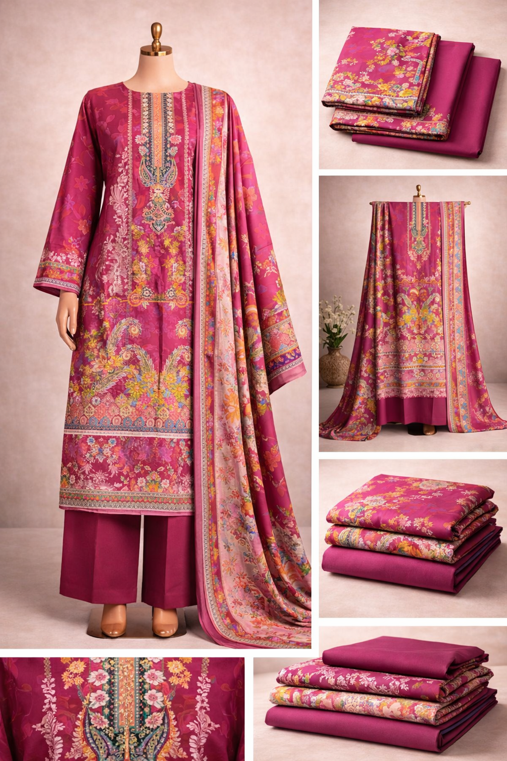 Premium Floral Printed Lawn Three Piece Suit Set 1136