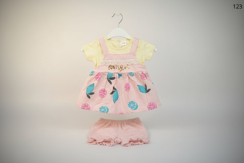 Baby Girls Magic Fruit Print Dress Set with Inner Tee & Bloomer 123