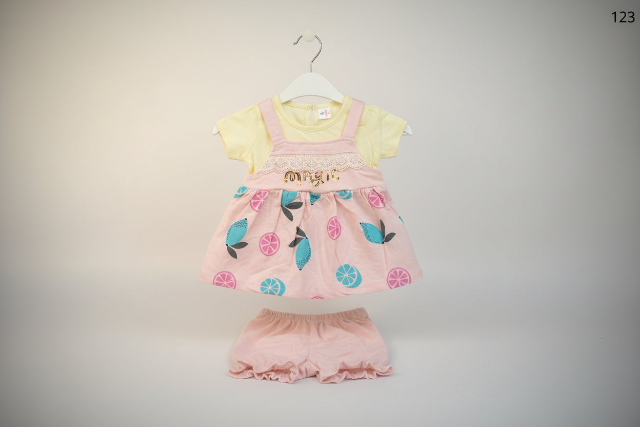 Baby Girls Magic Fruit Print Dress Set with Inner Tee & Bloomer 123