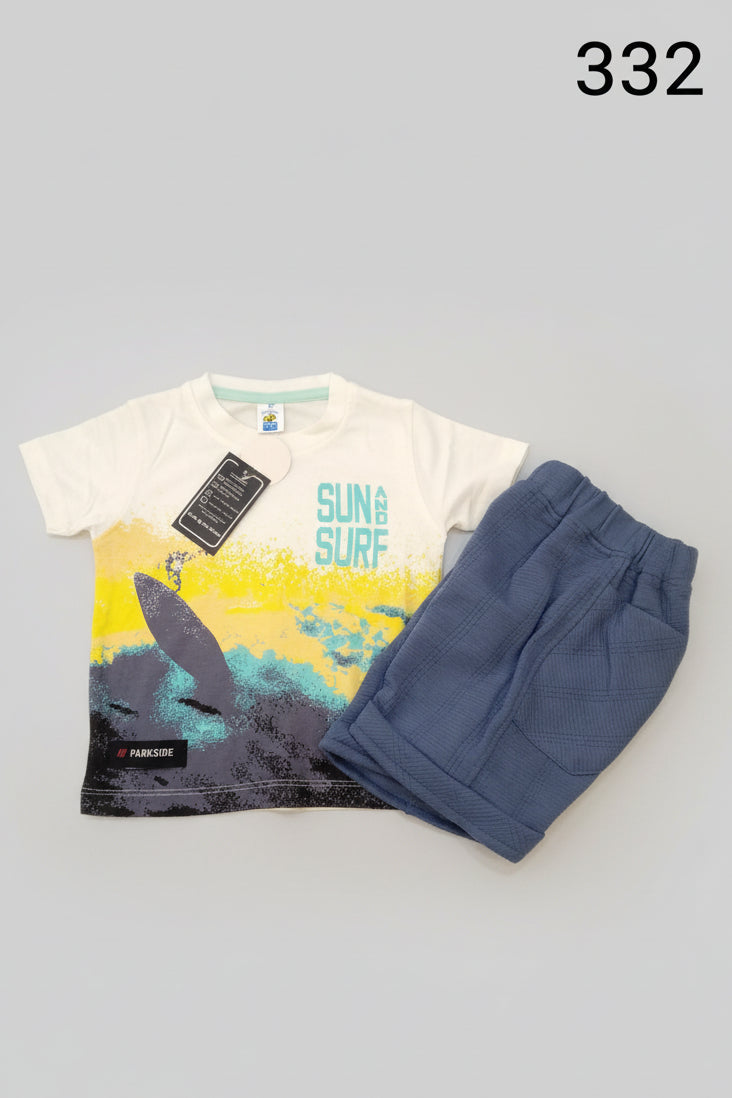 Boys “Sun and Surf” Printed T-Shirt & Textured Shorts Set.332.