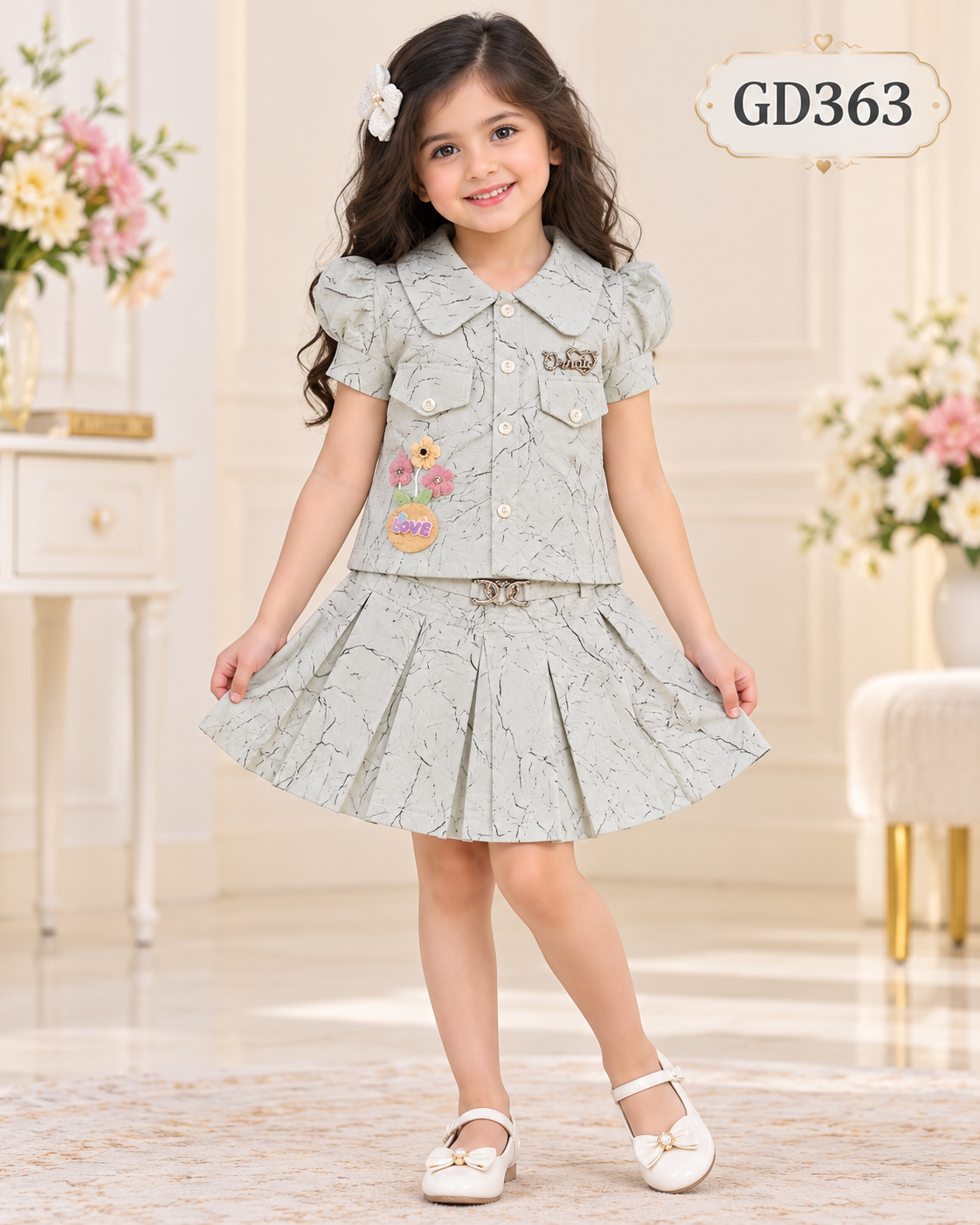 Girls Premium Floral Applique Pleated Skirt Set-GD363