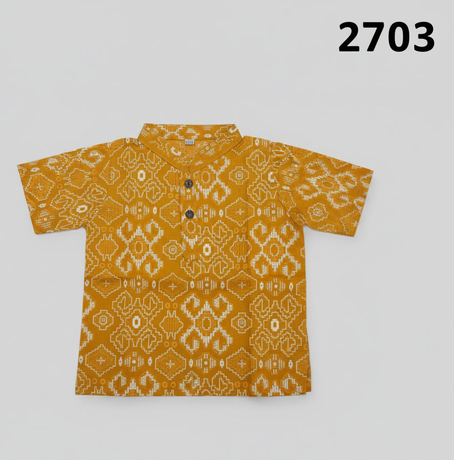 Boys Yellow Printed Short Sleeve Mandarin Collar Shirt 2703