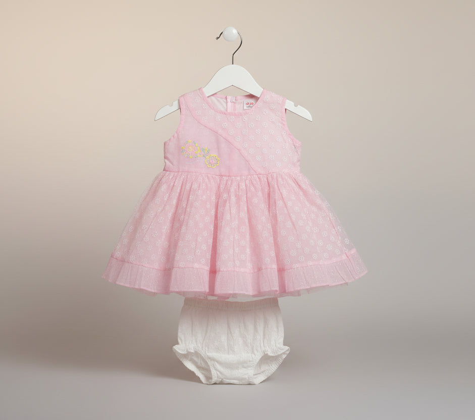 Baby Girls Sleeveless Floral Embroidered Frock with Diaper Pant 99
