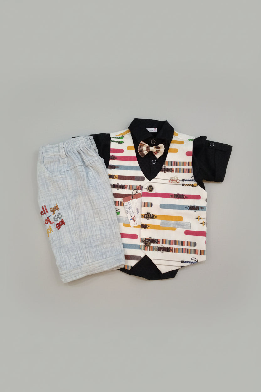 Boys Printed Waistcoat Shirt & Shorts Set with Bow Tie 236
