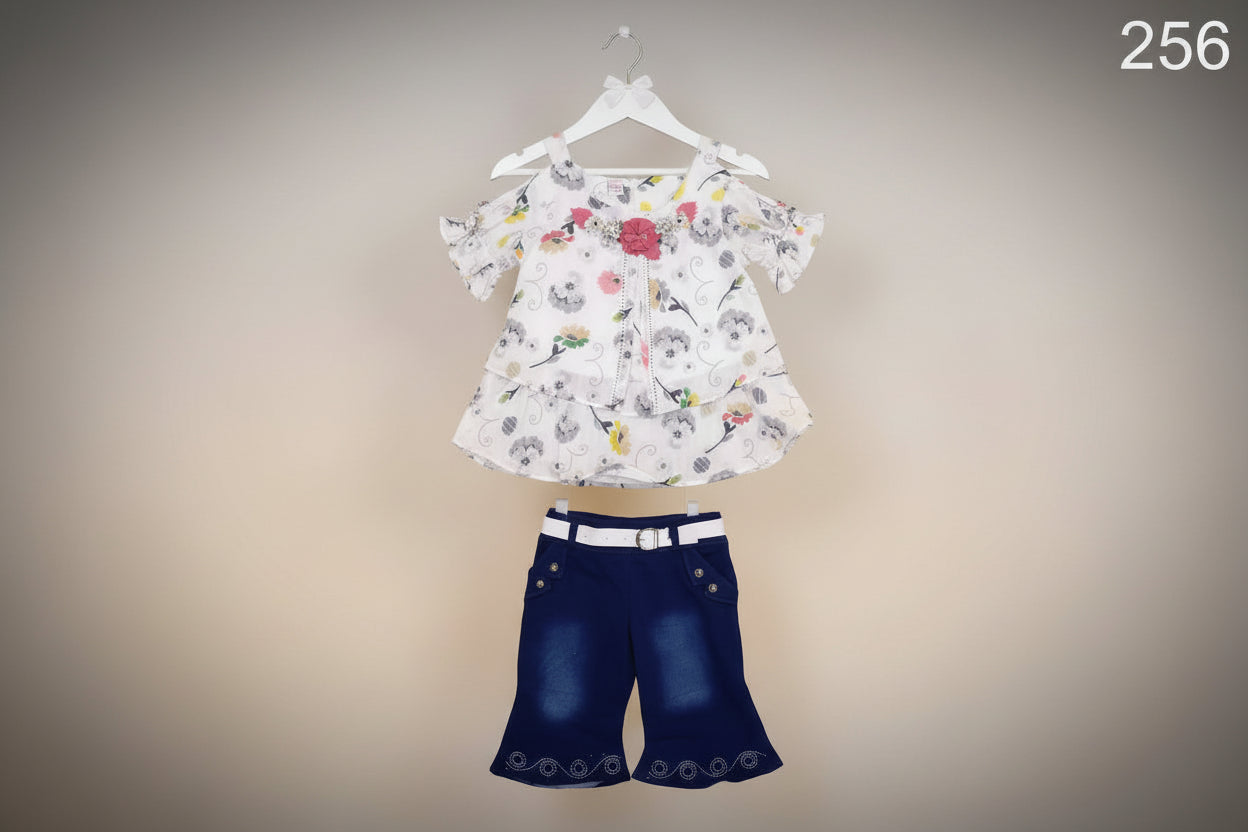 Baby Girls Floral Top & Navy Skirt Set with Belt 256