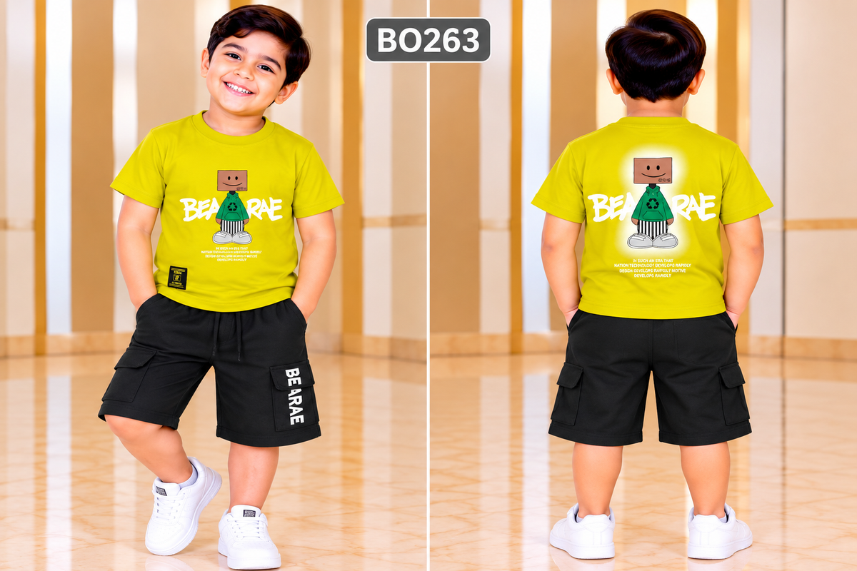 Boys Bearare Graphic T-Shirt & Black Cargo Shorts Set – BO263