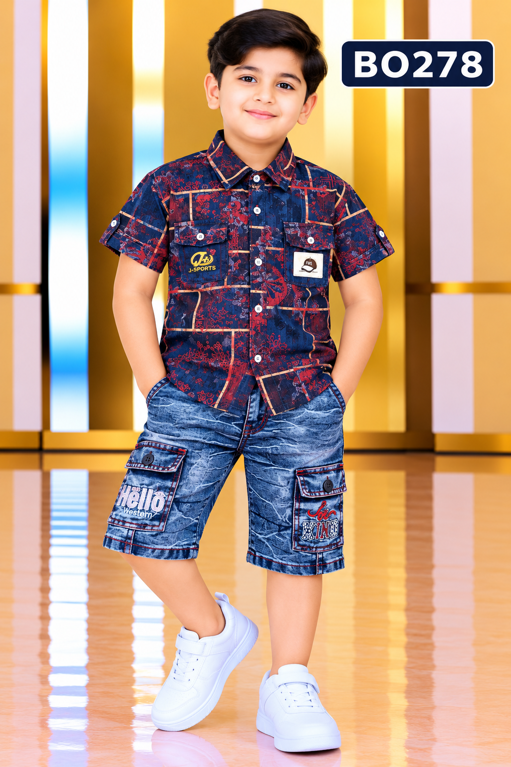 Boys Artistic Print Shirt & Washed Denim Cargo Shorts Set – BO278