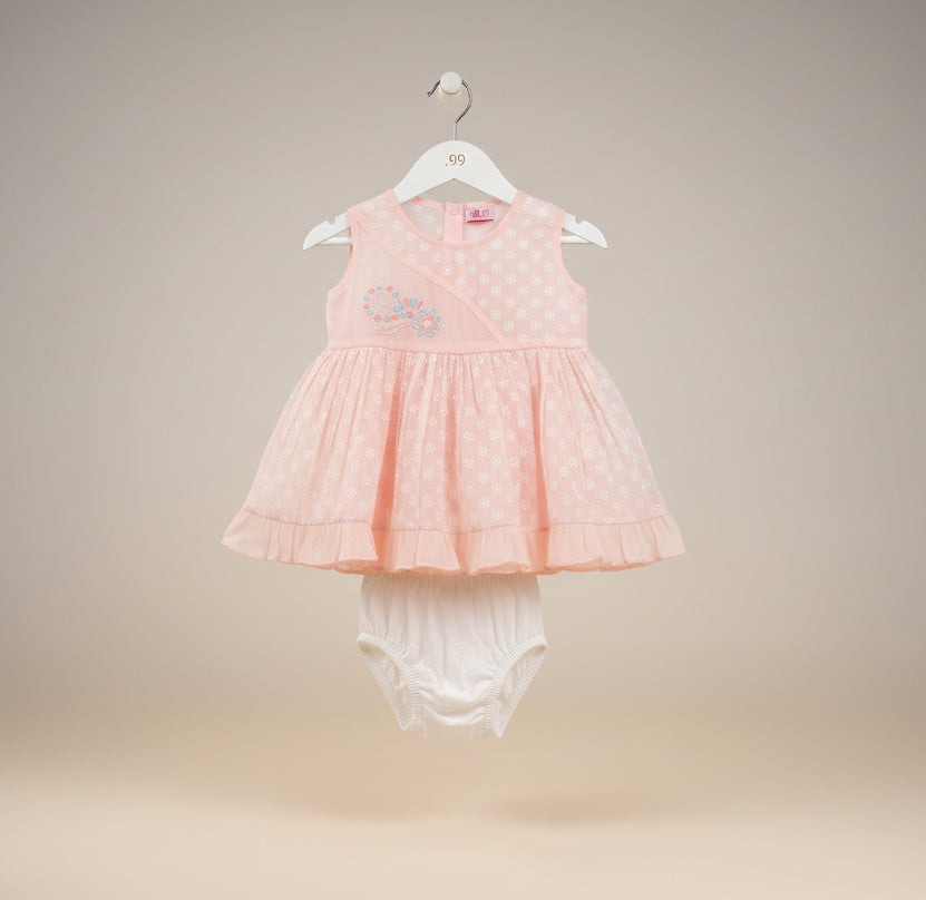 Baby Girls Sleeveless Floral Embroidered Frock with Diaper Pant 99