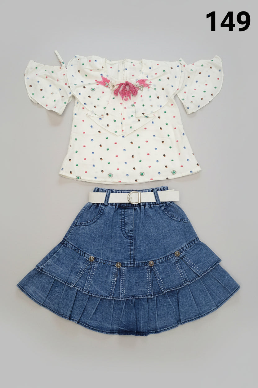 Baby Girls Polka Dot Top & Denim Skirt Set 149