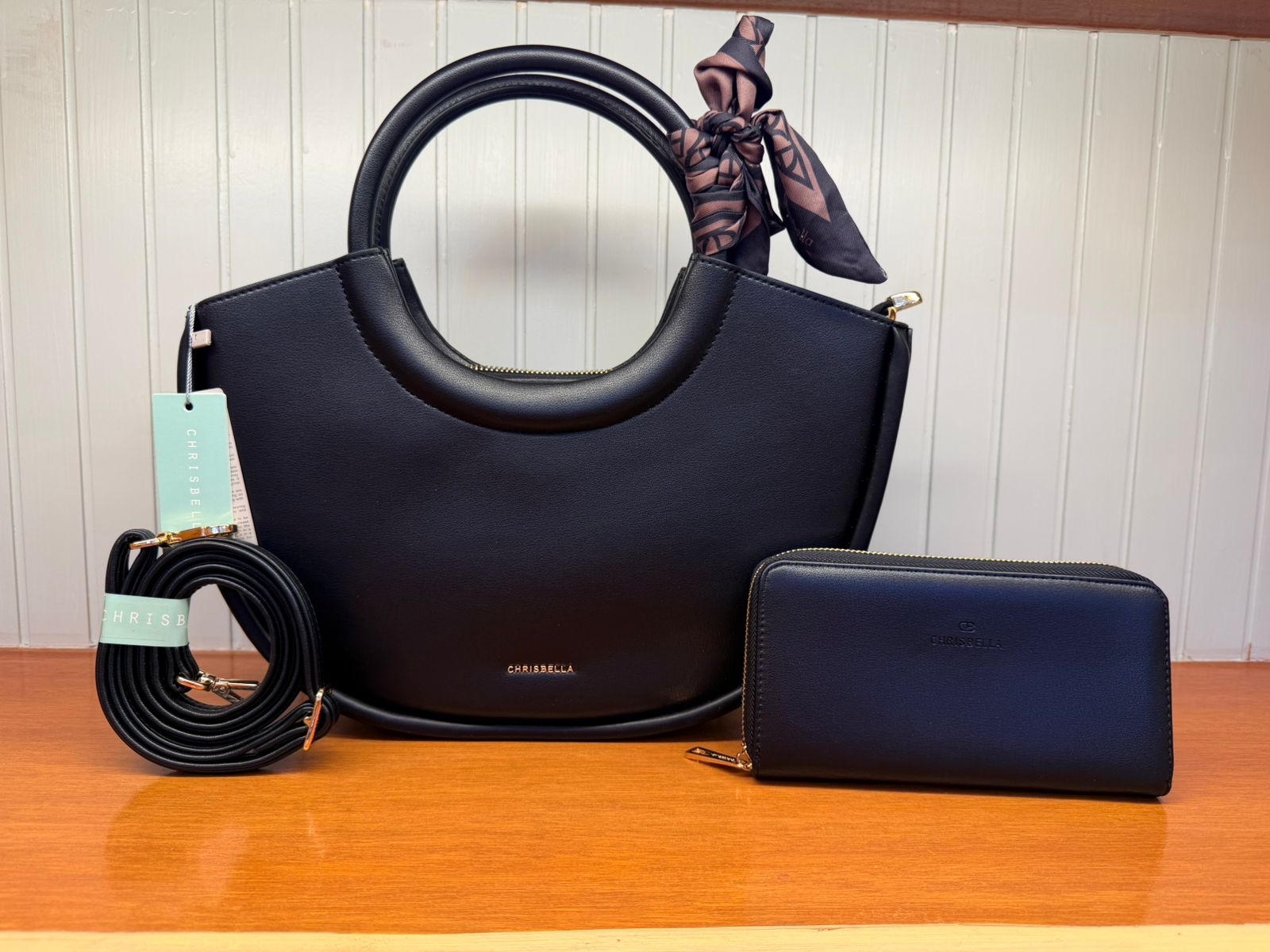 Women’s Round Handle Handbag with Long Strap & Matching Mini Pouch