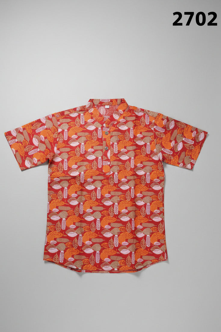 Boys Red Printed Short Sleeve Mandarin Collar Shirt 2702