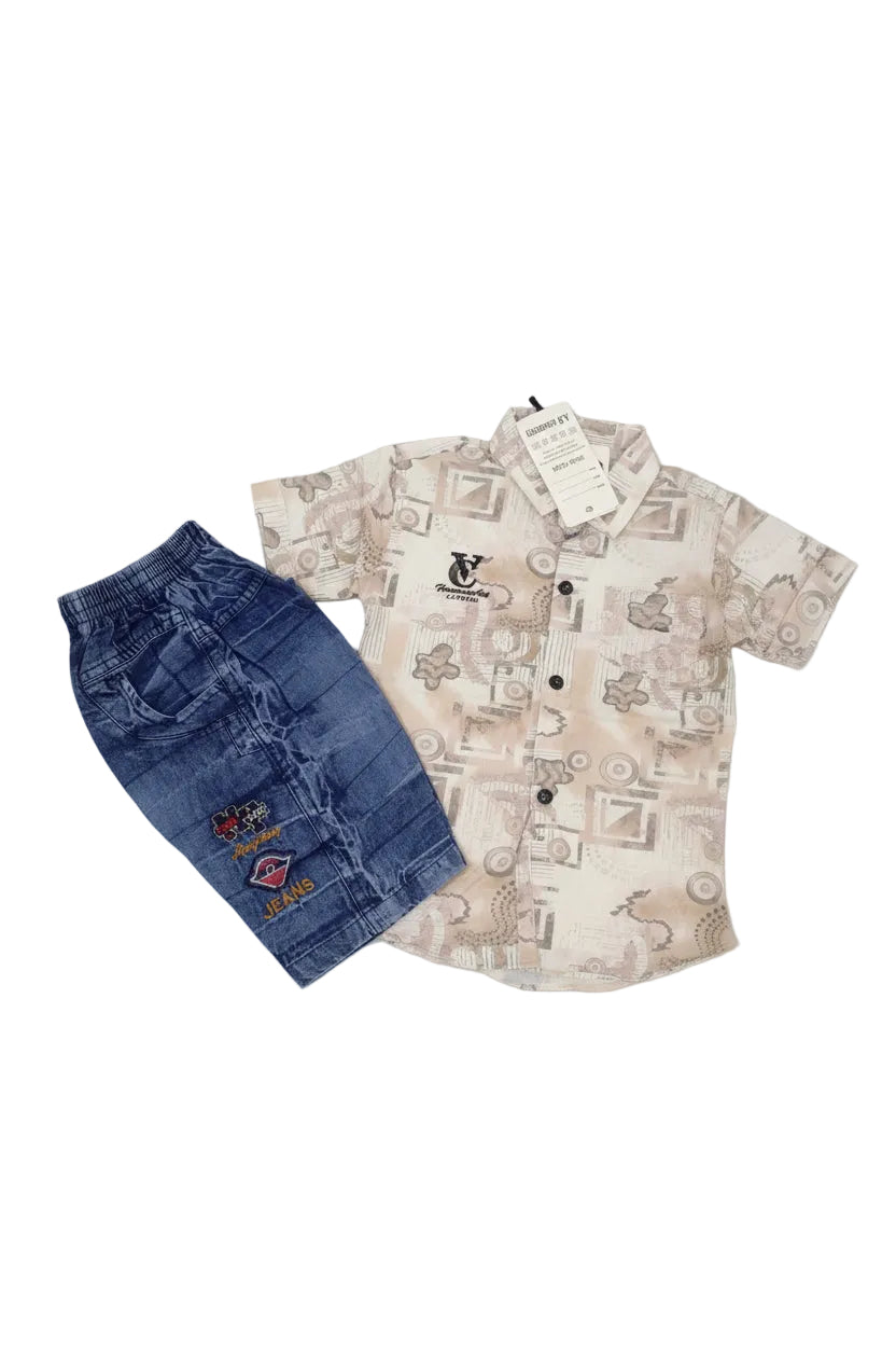 Boys Printed Shirt & Denim Shorts Set – Casual Summer Outfit 408
