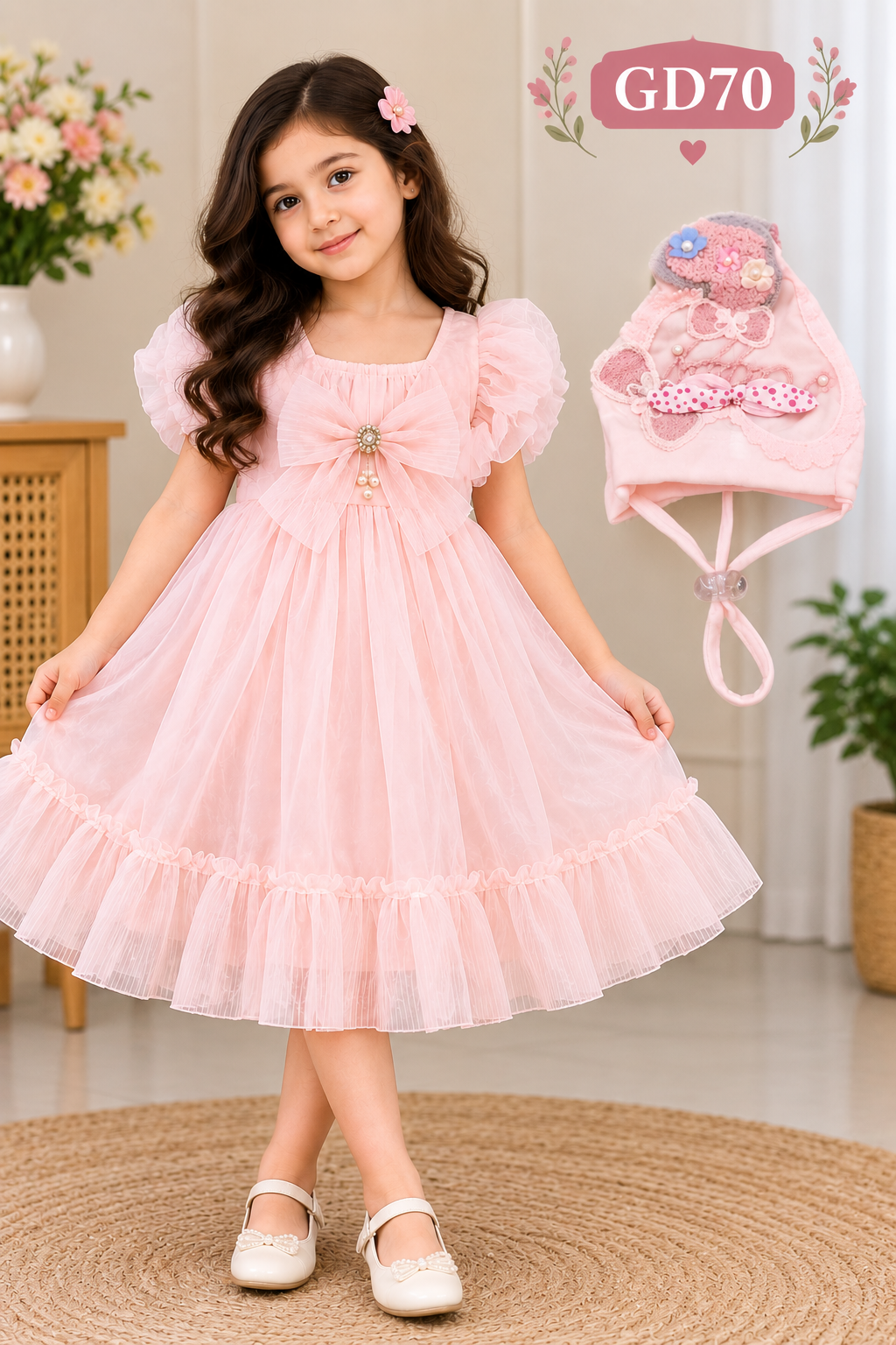 Premium Girls Bow Detail Tulle Princess Party Dress with Bonnet – GD70