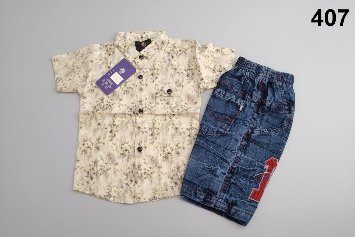 Boys Floral Printed Shirt & Denim Shorts Set 407