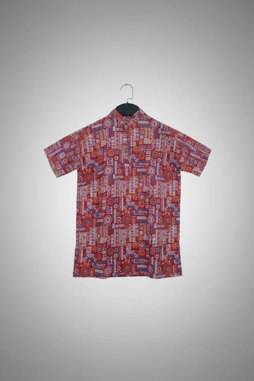 Boys Red Printed Short Sleeve Mandarin Collar Shirt 2700