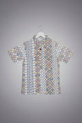 Boys White Printed Short Sleeve Mandarin Collar Shirt 2714