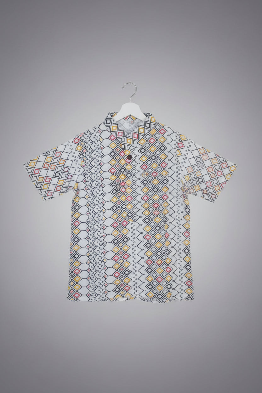 Boys White Printed Short Sleeve Mandarin Collar Shirt 2714