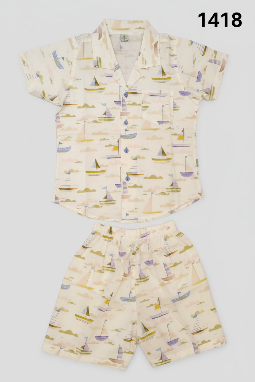 Boys Premium Sailboat Print Summer Shirt & Shorts Set 1418