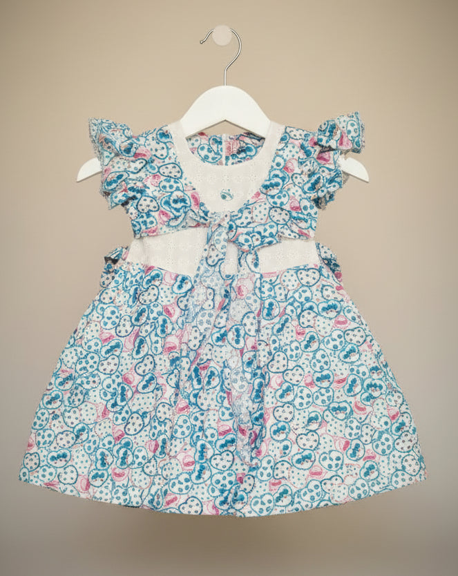 Girls Printed Cotton Dress Yoke & Waist Bow 0004