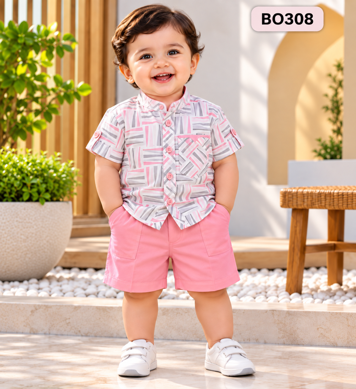 Premium Boys Printed Cuban Collar Shirt & Shorts Set-BO308