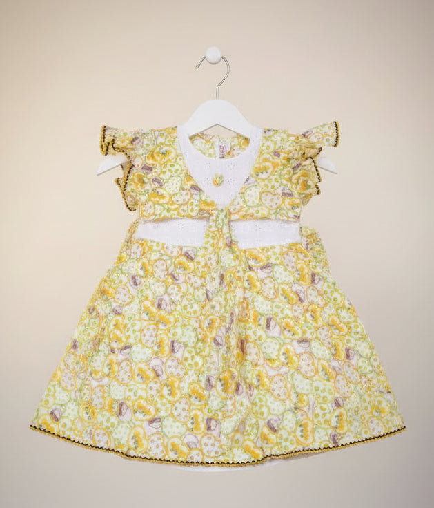 Girls Printed Cotton Dress Yoke & Waist Bow 0004