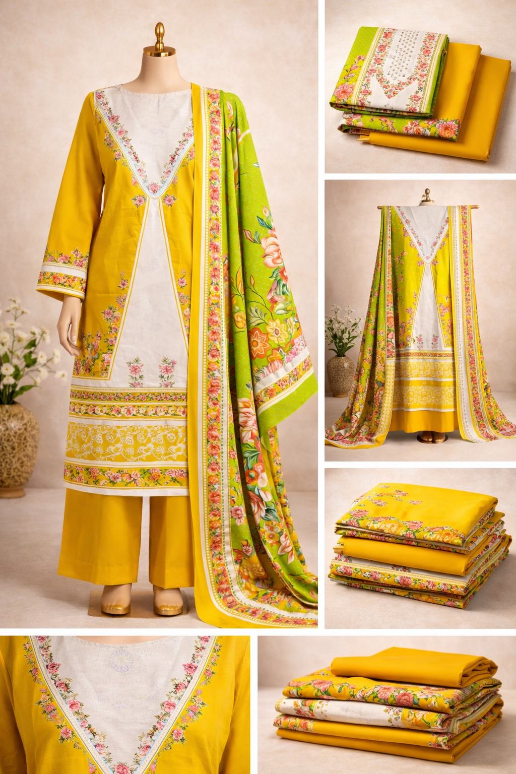 Premium Floral Printed Lawn Three Piece Suit Set 1129