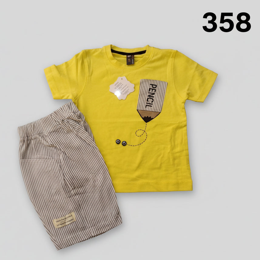 Kids Premium Pencil Print T-Shirt & Striped Shorts Set358.